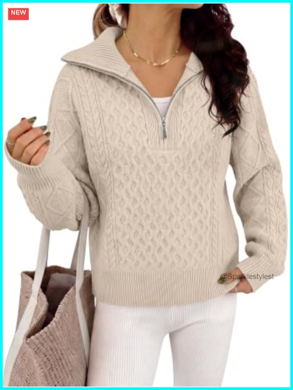 Cable Knit Quarter Zip Collared Sweater Relaxed Pullover